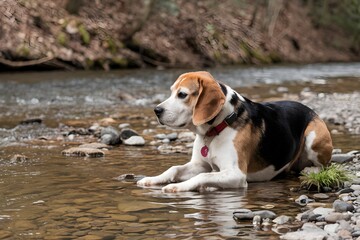 Beagle watches pond fish, calm and serene
