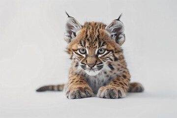 a baby lynx cub is sitting on a white surface