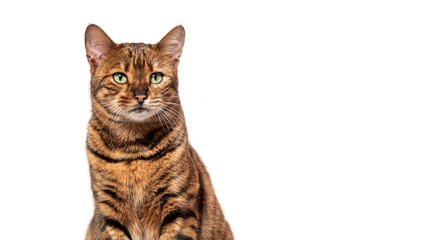 Toyger cat sitting on a white background