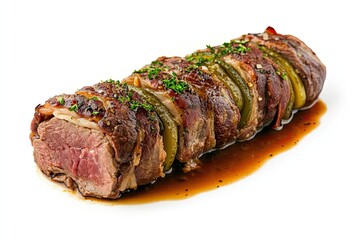 Savory German Rinderroulade : Rolled Beef Steaks Stuffed with Bacon, Onions, and Pickles, Braised in a Rich Gravy. isolated on white background 