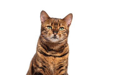 Serious Toyger cat sitting and looking at camera on white background