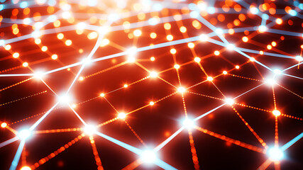 Fototapeta premium An abstract 3D grid with luminous lines and glowing nodes, creating a sense of depth and motion.