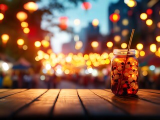 Ecofriendly packaging of Taiwanese bubble tea, served in a glass jar with a bamboo straw, with a street market in Taiwan as the backdrop
