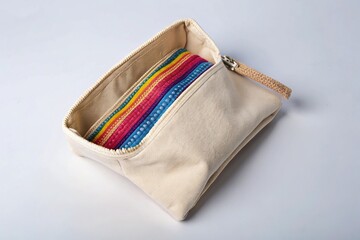 A beige pouch unfolds on white, showcasing its soft velvety interior, with a smooth zipper and colorful straps intricately woven within.