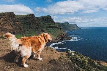 Golden Retriever exploring a coastal cliff, fur blowing in the ocean breeze