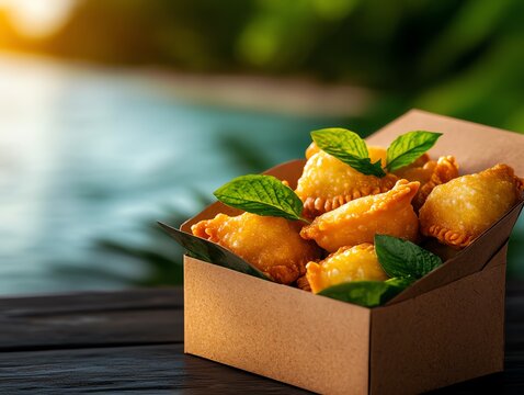 Ecofriendly packaging of Antiguan ducana, a sweet potato dumpling dish, presented in a compostable box with a view of a serene Antiguan beach