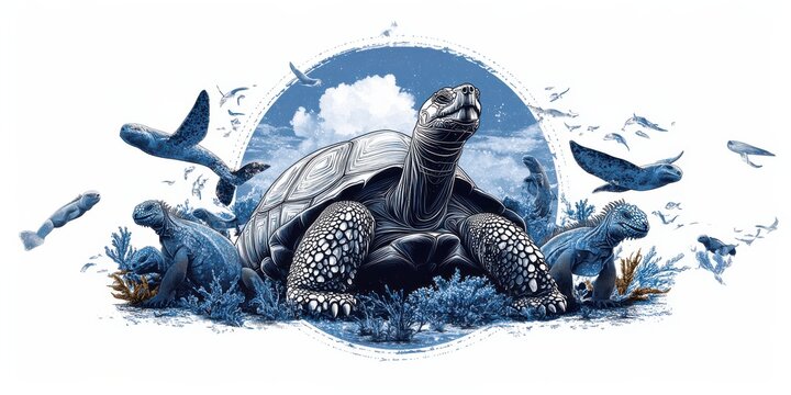 Illustration of giant tortoise amidst smaller tortoises and diverse wildlife in a dynamic natural setting with a vibrant and realistic style