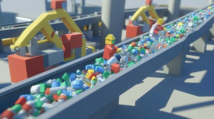 Fototapeta premium Workers sorting plastic bottles on a conveyor belt at a recycling facility during daytime operations in an industrial setting