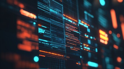 Naklejka premium Digital data streams and code lines illuminated in blue and orange tones in a futuristic environment at night