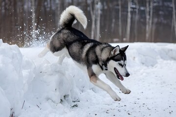 Naklejka premium Siberian Husky dives into snowbank, showcasing agility