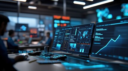 Naklejka premium A professional analyzing data on advanced computer screens in a modern office with digital displays and analytics tools in the evening