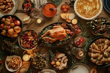 Festive dinner table spread with turkey and sides