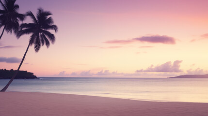Fototapeta premium Serene Tropical Beach at Sunset with Silhouetted Palm Trees and Soft Purple Sky