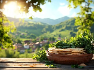 Organic Tajik kurutob, a layered dish of flatbread, yogurt, and organic vegetables, served in a clay dish with the backdrop of a scenic mountain village