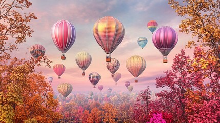 Fototapeta premium Colorful hot air balloons floating over a vibrant autumn landscape during a serene sunrise moment