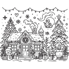 Obraz premium Winter country landscape in continuous line art drawing style, christmas coloring page