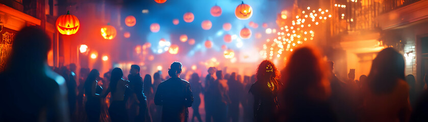 Candid Halloween Dance Party concept as A candid shot of people dancing in costume at a Halloween party with vibrant lights and festive decorations. The scene captures the energy and fun perfect for a