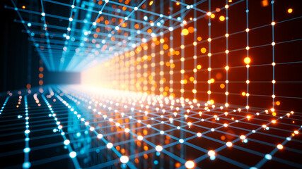 Obraz premium An abstract 3D grid with luminous lines and glowing nodes, creating a sense of depth and motion.