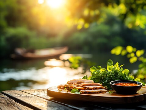 Pastureraised duck breast, thinly sliced and served with a side of dipping sauce, placed on a traditional Vietnamese wooden boat floating in a calm river