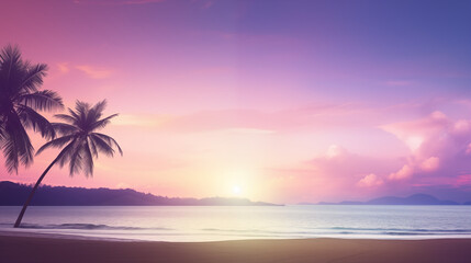 Tranquil Beach at Dawn with Soft Pink and Purple Sky and Palm Trees Silhouetted in the Horizon