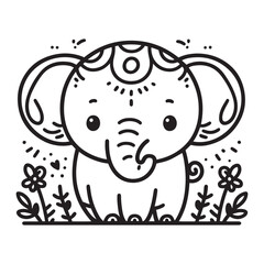 Cute elephant animal. Coloring book page for children. Black and White Cartoon Illustration line art.