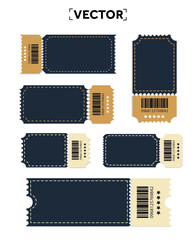 Set of ticket or coupon template in blue navy color and brown with barcode, serial number, rating stars, isolated on white background. Ticket set icon. Vector illustration. Vector illustration