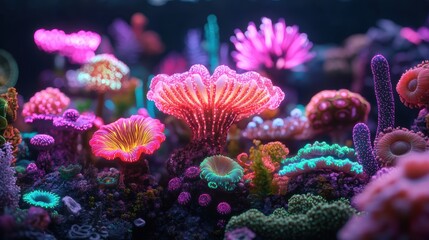Obraz premium A stunning display of neon-colored corals glowing under water, showcasing the vibrant biodiversity of an underwater reef ecosystem.