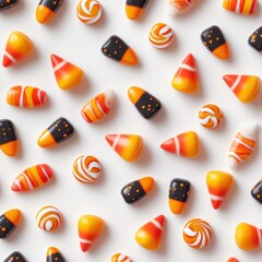 A festive assortment of Halloween-themed candy corn and sweets in vibrant orange, black, and white colors, arranged in a playful pattern on a white background.