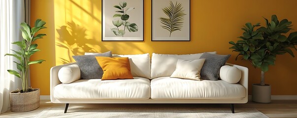 Living Room Interior Design with White Sofa, Yellow Wall, and Plants - 3D Illustration