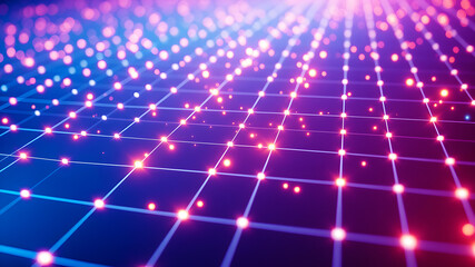 An abstract 3D grid with luminous lines and glowing nodes, creating a sense of depth and motion.