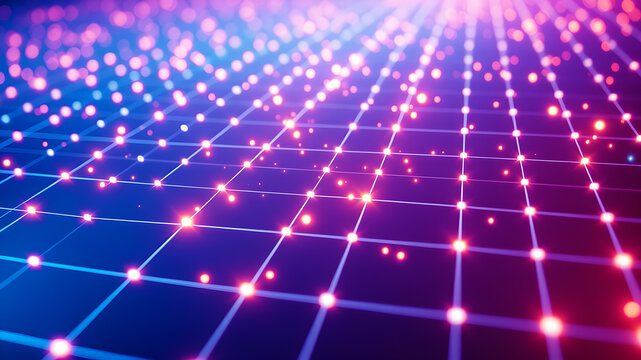 An abstract 3D grid with luminous lines and glowing nodes, creating a sense of depth and motion.
