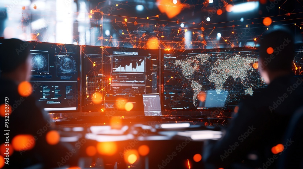 Poster technicians monitor data analytics and network activity in a high-tech operations center during late