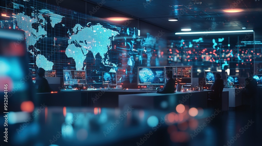 Poster high-tech control room during night with monitors displaying global data and world maps in a dynamic