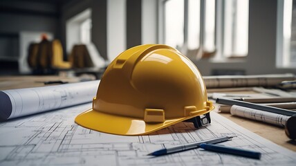 a hat rests atop a set of architectural blueprints