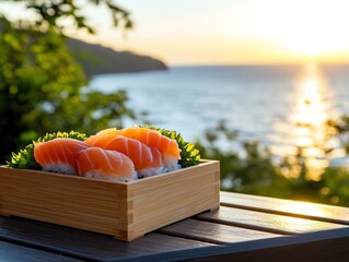 Sustainable seafood sushi, presented in a bamboo box, with the backdrop of a serene Japanese coastline