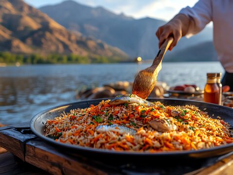 Sustainable seafood Tajik fish plov, a rice dish made with local fish and organic herbs, served on a traditional plate with the backdrop of the Iskanderkul Lake