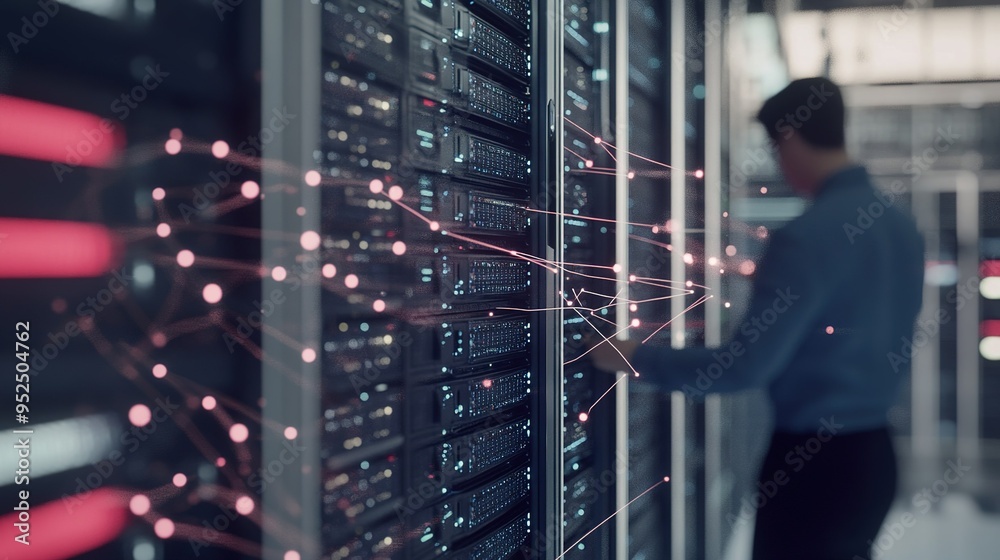 Poster technician monitoring server performance in a modern data center using advanced technology at dusk