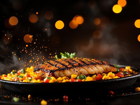 Sustainable seafood Uruguayan cazon a la parrilla, grilled dogfish served with organic vegetables, presented on a castiron skillet with a view of Montevideo s coastline