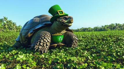 Tortoise wearing St. Patrick's Day leprechaun hat in lush green field under clear blue sky, embodying festive cheer and Irish spirit