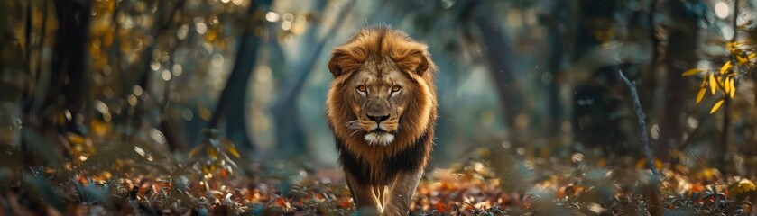 Fototapeta premium Majestic lion walking through a forest, embodying strength and grace in its natural habitat.