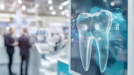 Digital representation of a dental tooth model showcased at a technology conference, highlighting advancements in oral health solutions