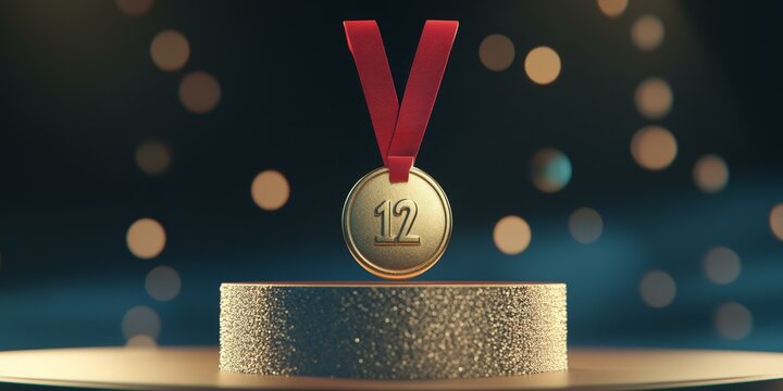 Gold medal with red ribbon on a podium.