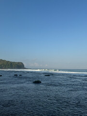 beachscape with wave and rock