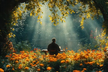 impressionistic scene of an artist painting en plein air in a lush garden dappled sunlight filters through trees illuminating a canvas alive with vibrant flowers and verdant foliage