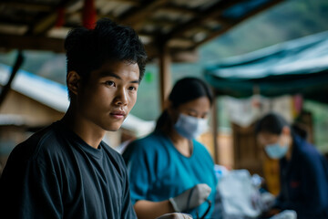 Fototapeta premium Young Man in Front of Healthcare Workers in Outdoor Setting Wearing Face Masks