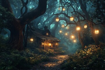 Obraz premium A mystical forest scene with warm lantern light. A cozy cottage nestled among ancient trees. This enchanting atmosphere invites exploration and wonder. Generative AI