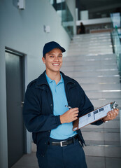 Logistics portrait, delivery man and smile with clipboard in office for compliance checklist or...