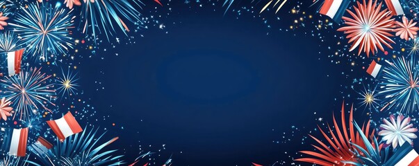 Vibrant fireworks display bursting in red, white, and blue across a deep blue backdrop, perfect for celebration themes.