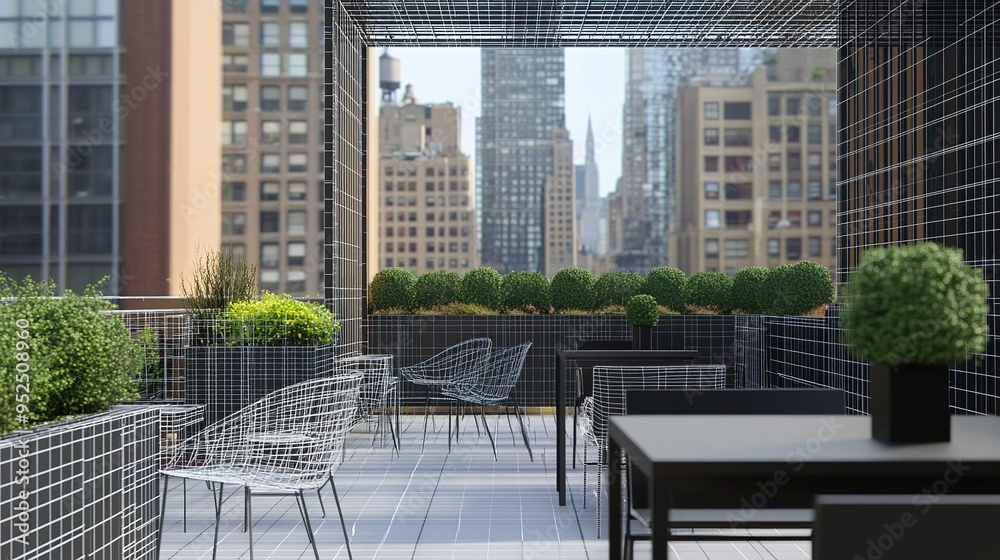 Wall mural a modern rooftop terrace in the city with wireframe furniture, greenery, and skyline view during a s