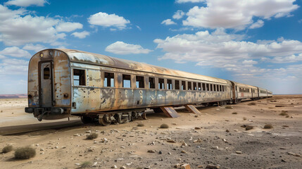 Obraz premium An old, rusty train abandoned in a desert landscape under a bright, cloudy sky.